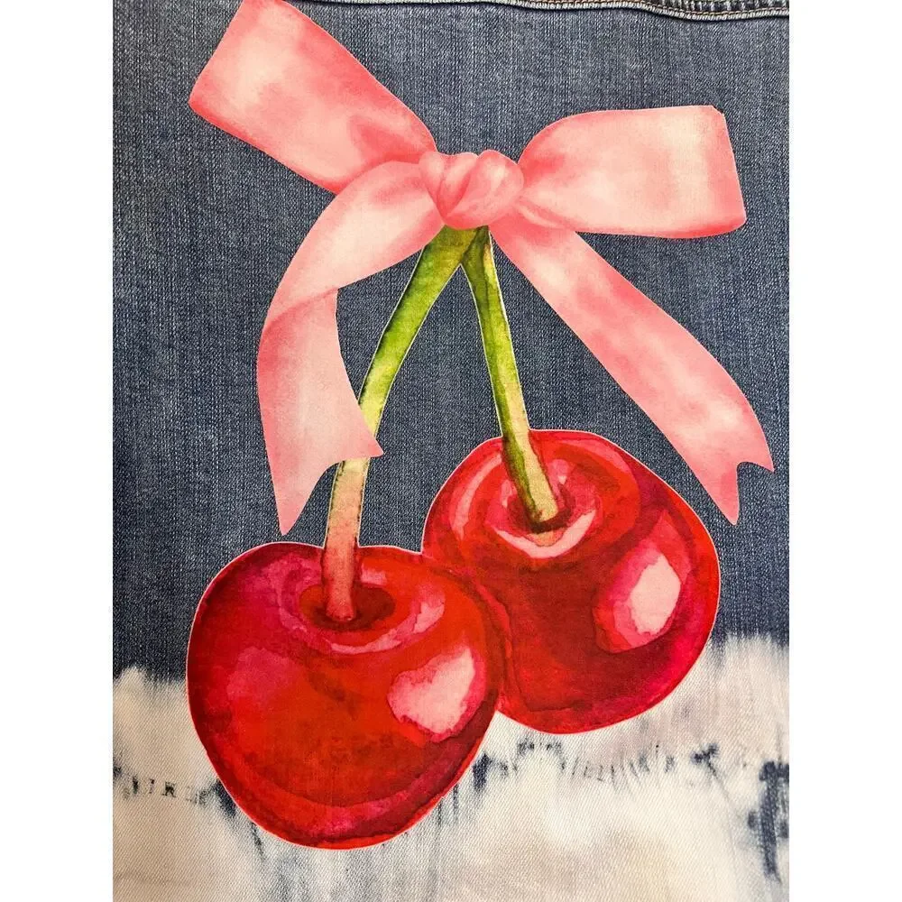 ☀️L.T.J. Letter to Juliet Dip Dye Pink Bow Cherries Denim Jean Jacket Size Small